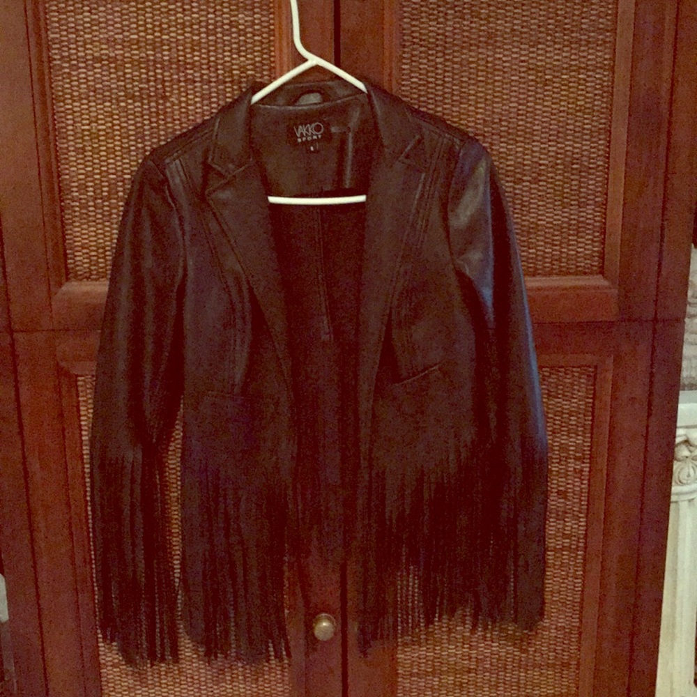 Fringe detail cropped faux leather jacket